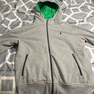 Polo Ralph Lauren Hoodie Mens‎ Large Gray Arm Patch Full Zip pockets zip shut